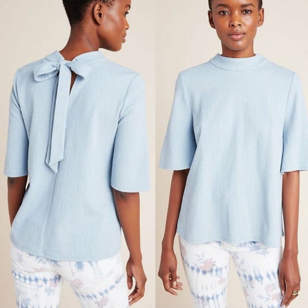 Anthropologie Blue Mock Neck Top Shirt Blouse Tie Back